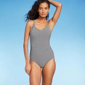 Kona Sol Black Gingham Ruched Side Seams Textured 1 Pc Swimsuit